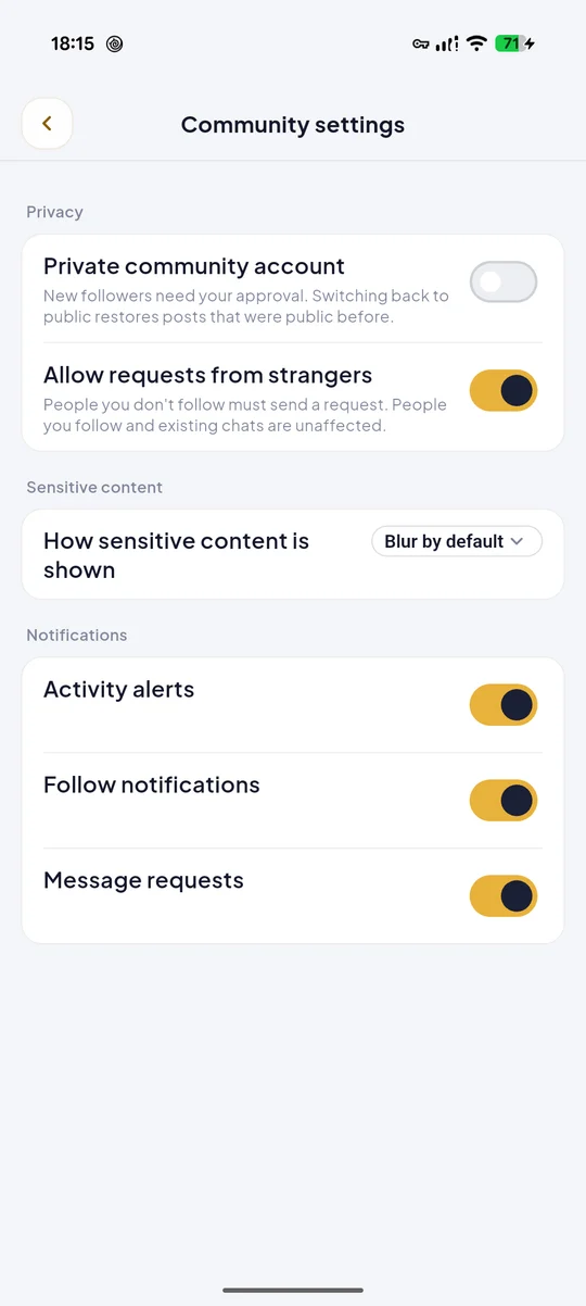 Android app community settings