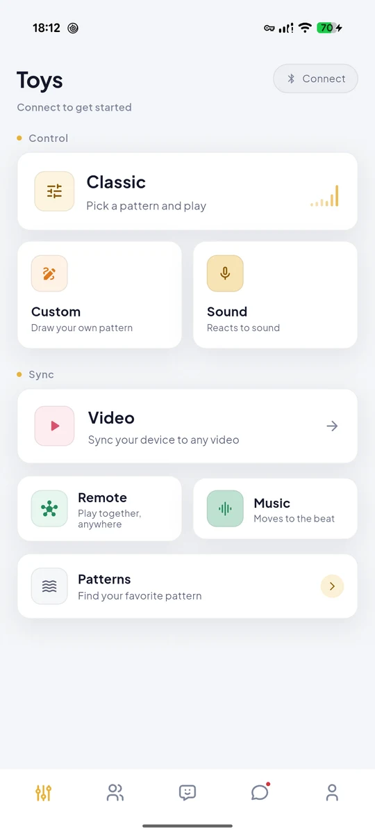 Android ErosVibe Toys screen with the Connect button, control modes and bottom navigation.