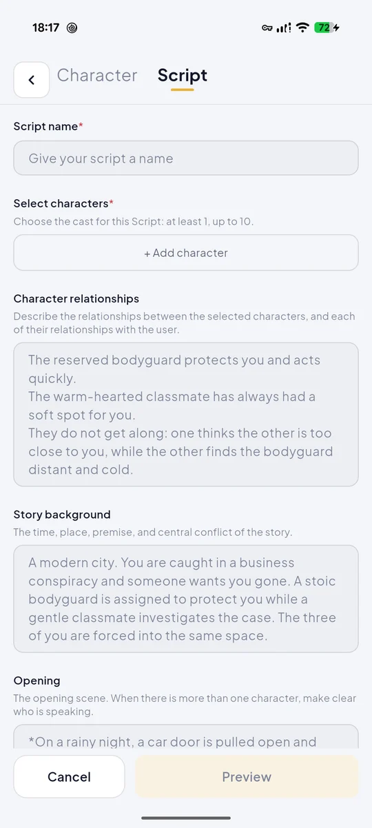 Android app script creation form
